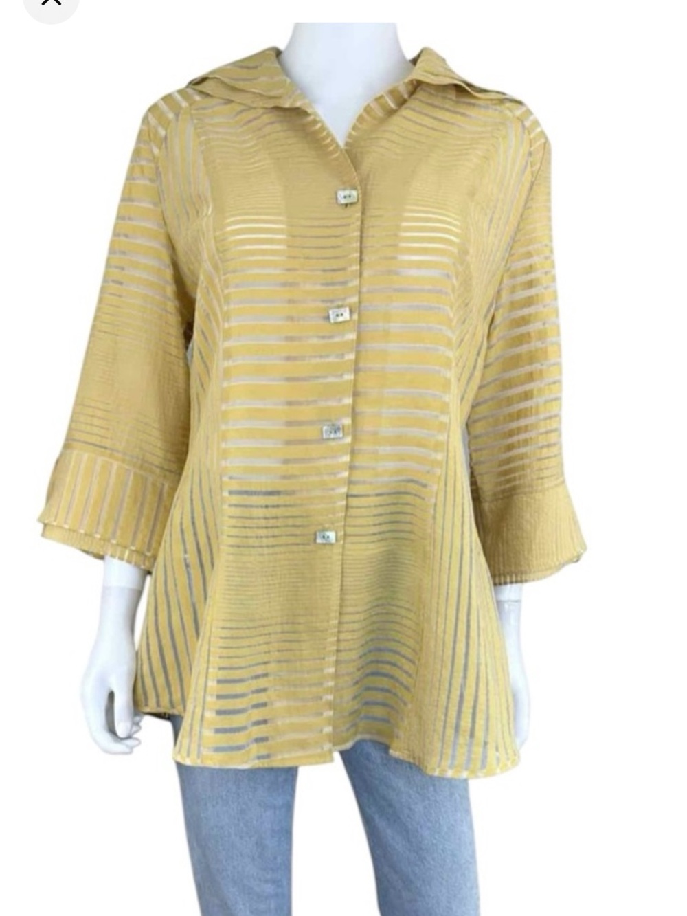 IC COLLECTION Golden Yellow Sheer Striped Button-Front Blouse